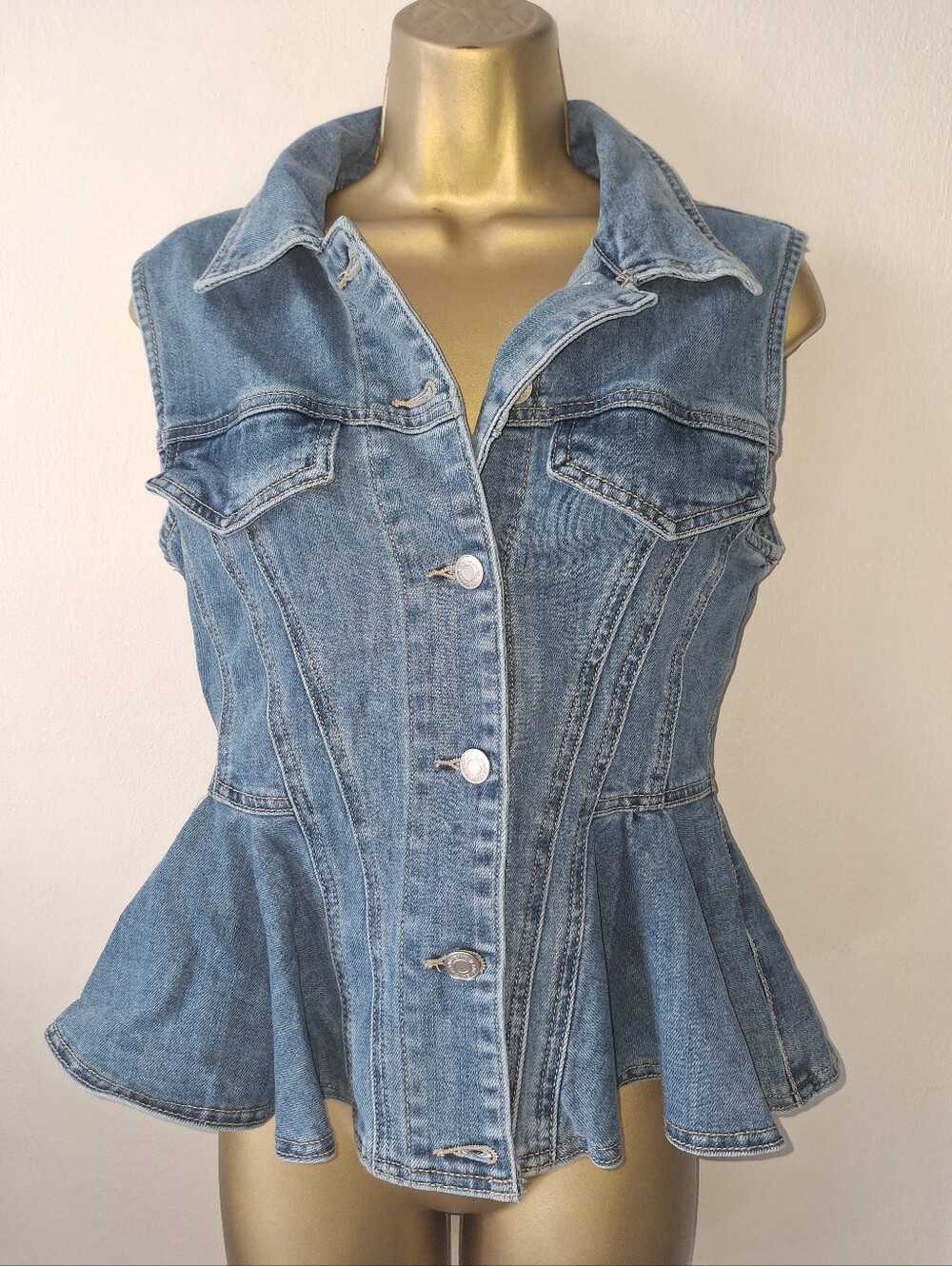 Sleeveless Blue Denim Peplum Button-Front Top